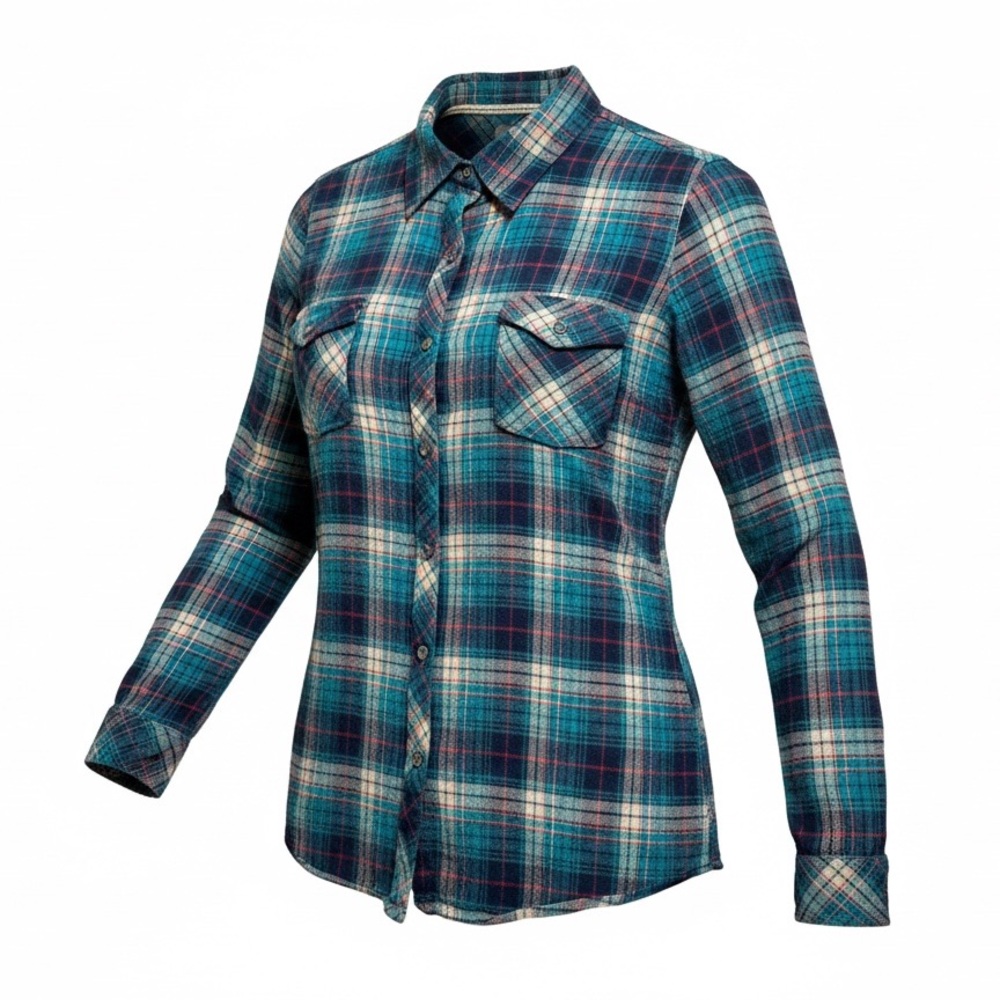 Natural Reflections Teal Red Plaid Flannel Button Down Shirt Size L